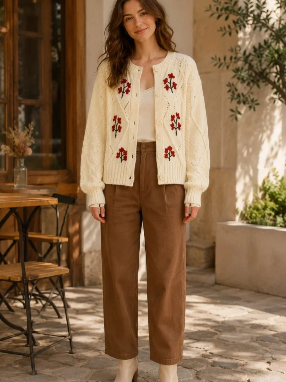 Handmade Cream Chunky Knit Button-Front Sweater with Burgundy Floral Embroidery